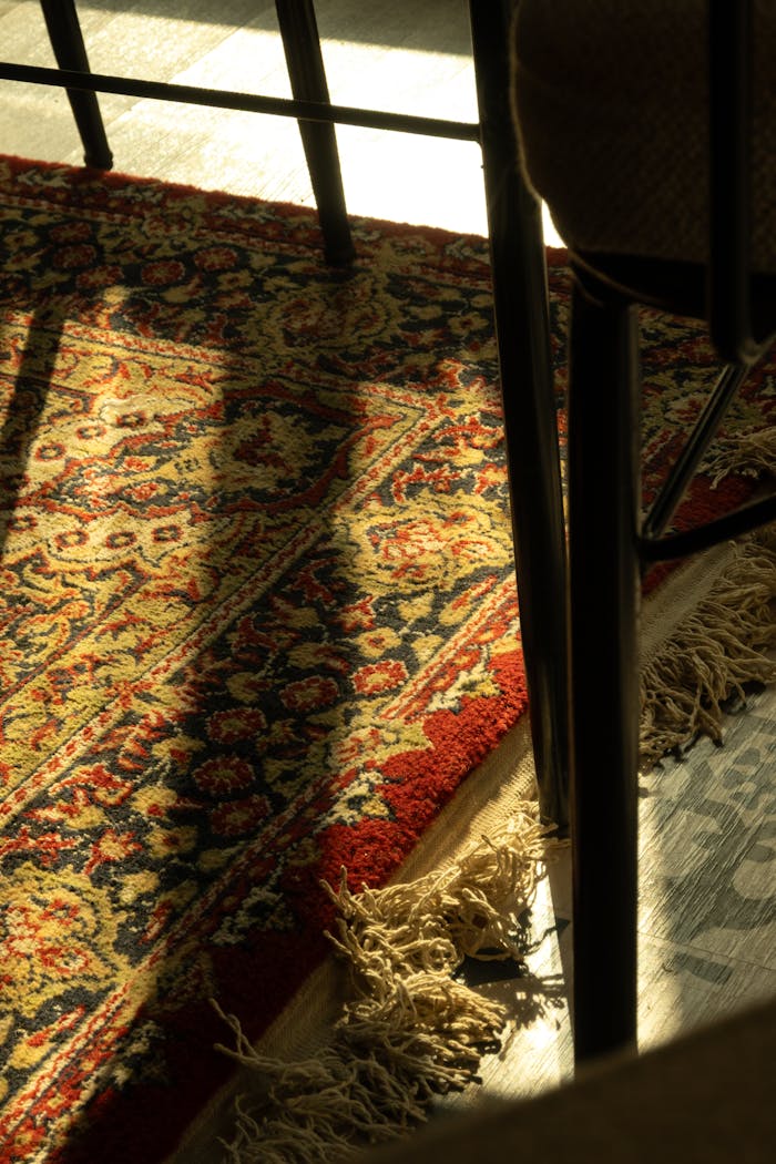 Intricate patterned carpet in sunlight with shadows cast by nearby furniture, creating a warm ambiance.